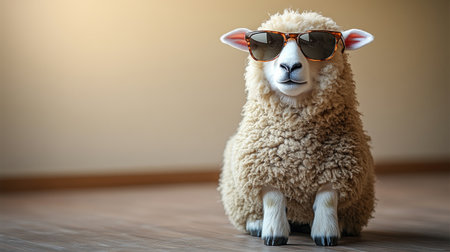 A stylish sheep lounges indoors in trendy sunglasses, exuding charm.の素材