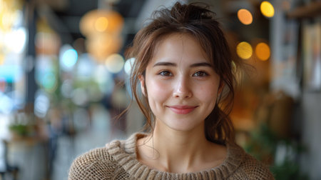 A young woman wearing a knitted sweater beams joyfully while enjoying her surroundings.の素材