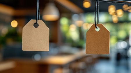 Two decorative tags hang in a cozy cafe, inviting creativity and personalization.の素材