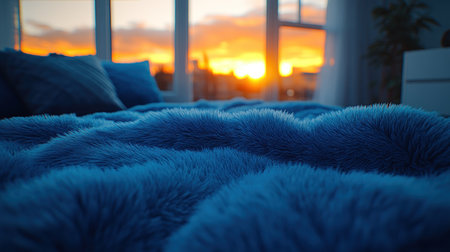 A cozy blue blanket rests on a bed, illuminated by the warm glow of a sunset outside.の素材