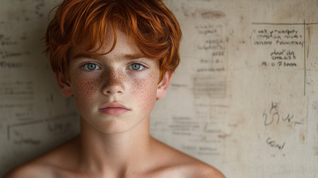 A boy with striking red hair and freckles stands against a textured wall, lost in thought.の素材