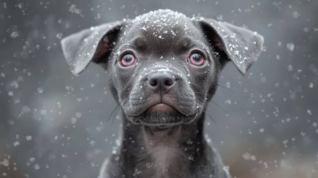 Curious black puppy enjoys a snowy day, surrounded by softly falling snowflakes.の素材