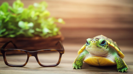 A turtle lounges by glasses and plants, enjoying a serene moment of curiosity.の素材