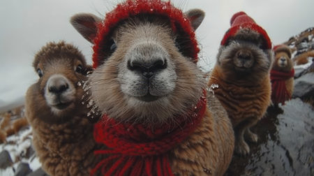 Adorable furry friends wearing warm red sweaters playfully gather on a chilly mountain.の素材