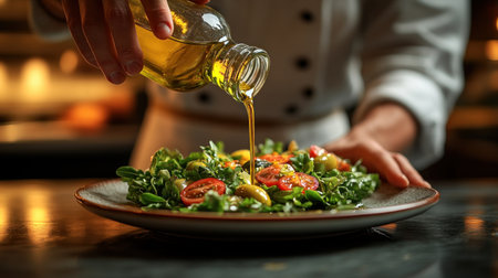 Fresh ingredients come together as a chef prepares a colorful salad with care.の素材