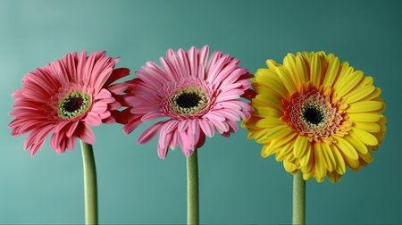 Bright pink and yellow gerbera daisies showcase their beauty in a soft, tranquil setting.の素材