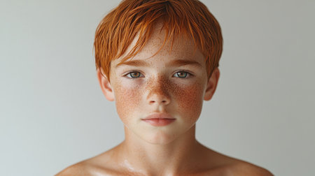 Boy with freckled skin and red hair gazes thoughtfully, capturing innocence and charm.の素材