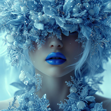 Enchanting figure adorned in frosty blue hues embodies winter's magical essence and charm.の素材