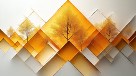 Autumn trees rise beautifully amid colorful geometric forms, showing nature's elegance.の素材