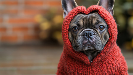 A cute French Bulldog in a heart sweater enjoys the sunny weather.の素材