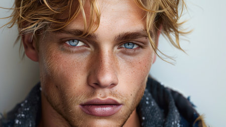 Young man showcases intense blue eyes and tousled hair, radiating effortless charm.の素材