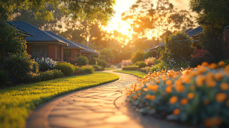 Sunlight filters through trees, lighting a peaceful path with bright flowers.の素材