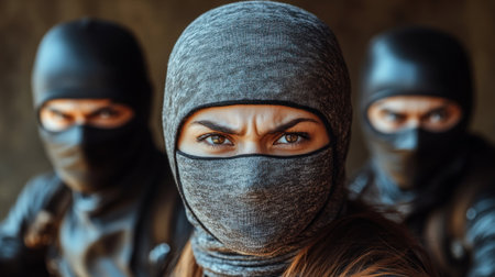 Three masked individuals exude a sense of mystery and focus against an urban background.の素材