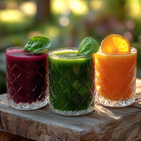 Three colorful smoothies await enjoyment, showcasing vibrant hues and fresh ingredients.の素材