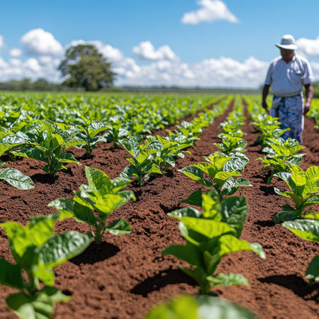 Farmer inspects vibrant tobacco plants in a sunlit field during harvest.の素材