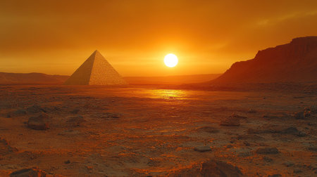 A stunning sunset illuminates the pyramid and desert, creating an enchanting atmosphere.の素材