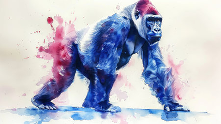 A bold gorilla strides through vibrant colors, showing its strength.の素材