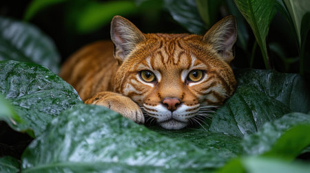 A beautiful wild cat rests quietly in dense foliage, surrounded by vibrant green nature.の素材