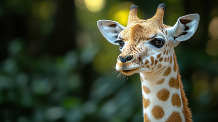 Curious giraffe stands gracefully among vibrant foliage, illuminated by soft sunlight.の素材