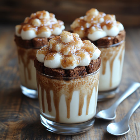 Delicious layered dessert cups showcase rich chocolate crumble and creamy toppings.の素材