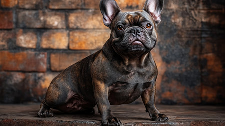 A charming French bulldog poses proudly by a textured brick wall, full of personality.の素材