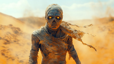 A shadowy figure emerges from swirling sands at twilight, enveloped in mystery.の素材