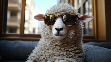 A fluffy sheep sits comfortably in a modern indoor setting, exuding charm and style.の素材