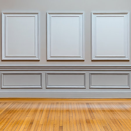 An elegant gallery wall with empty frames showcases potential art in the space.の素材