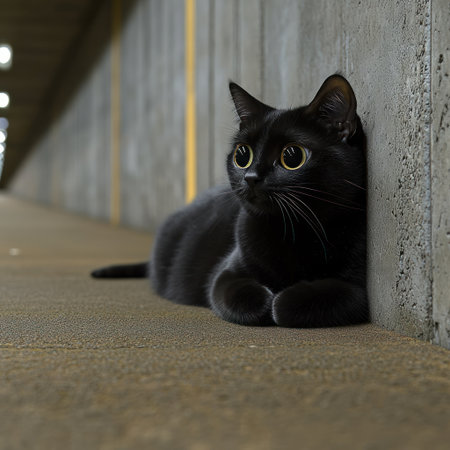 A black cat lies in a concrete corridor, eyes wide and alert.の素材