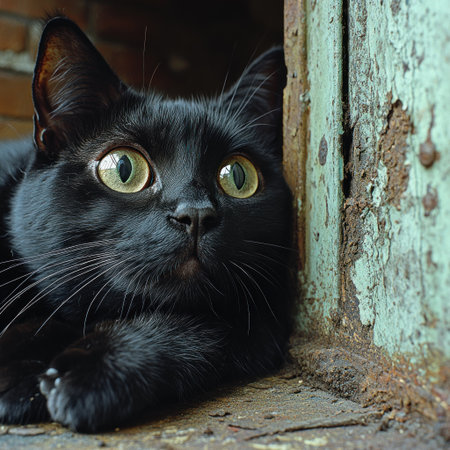 A sleek black cat rests contentedly, gazing curiously at an old green door.の素材
