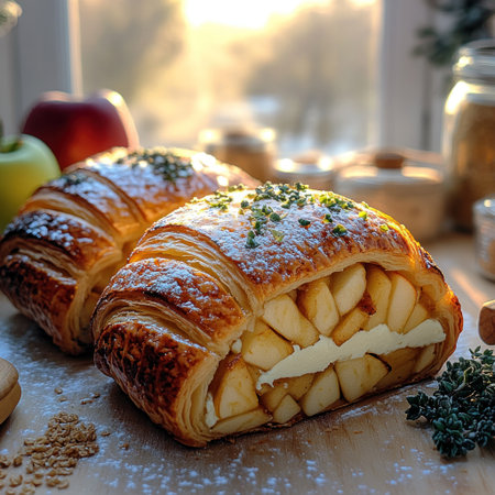 Freshly baked apple strudel showcases warm pastry and luscious filling on a wooden tableの素材