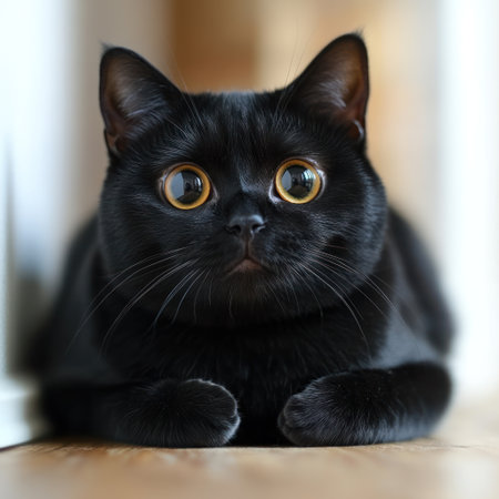 Dark furred feline with large eyes lays quietly on wooden floor, attentive and curious.の素材