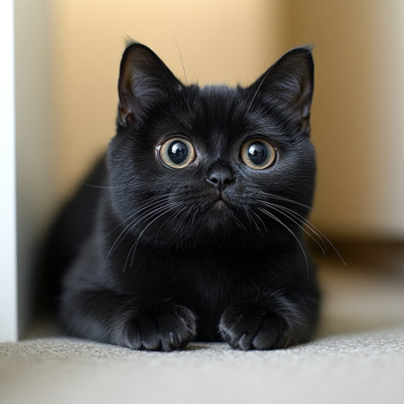 A lively black kitten gazes intently, ready for playful adventures in its cozy space.の素材