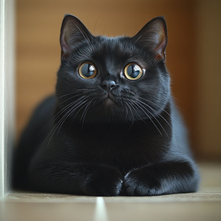 Black cat with striking eyes rests peacefully, enjoying its warm and cozy surroundings.の素材
