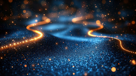 Brilliant light trails dance across a mystical backdrop of blue and gold.の素材