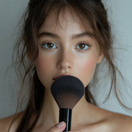 Model showcases her flawless skin and elegance with a makeup brush near her face.の素材