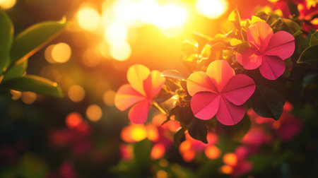Colorful flowers glow warmly as the sun sets, creating a serene and enchanting atmosphere.の素材