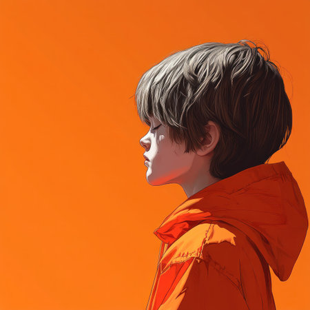 Child gazes thoughtfully with eyes closed while surrounded by a warm orange glowの素材