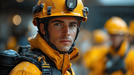 Braver rescuers clad in bright gear tackle harsh winter weather during a rescue operation.の素材