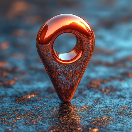 A shiny location pin reflects light on a vibrant textured background.の素材