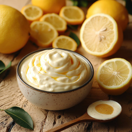 Whipped lemon treat served in a rustic bowl alongside vibrant lemon slicesの素材