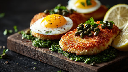 Savory fritters topped with a perfectly fried egg, herbs, and lemon on a wooden board.の素材