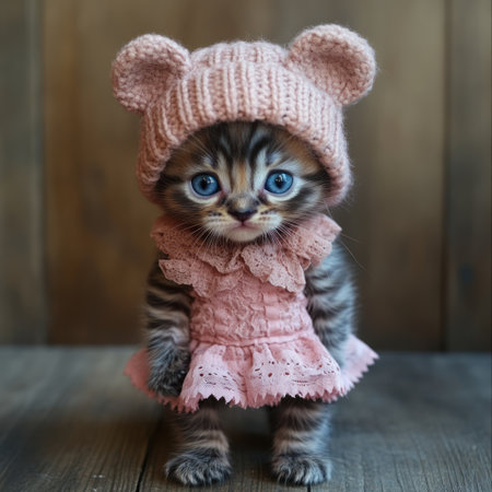 A striped kitten in a pink dress and bear hat enchants everyone around.の素材