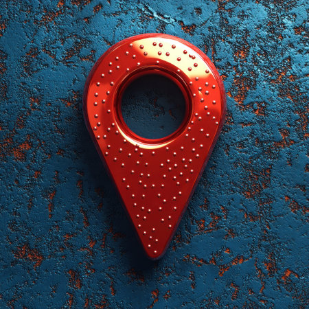 A vibrant red location pin highlights a stylish blue backdrop, evoking a modern feel.の素材