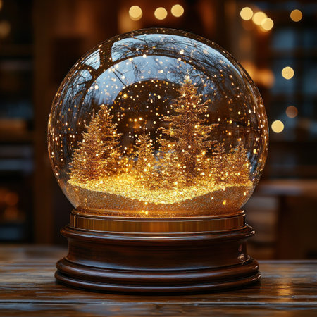 Delicate snowy trees and glowing lights bring warmth in a charming winter display.の素材