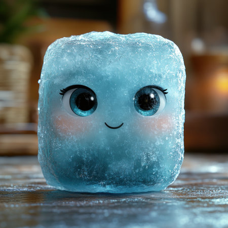 A cheerful ice cube character adds whimsy to a cozy kitchen.の素材