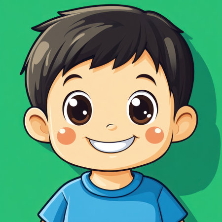 Cheerful boy with short black hair smiles warmly while wearing a blue t shirtの素材