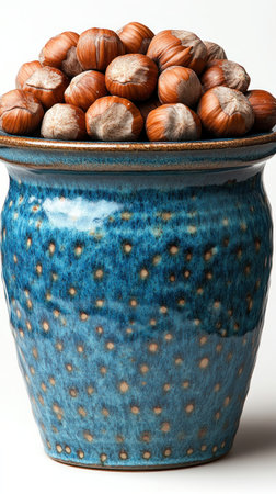 A vibrant pottery bowl brimming with glossy hazelnuts showcases its artistic design.の素材