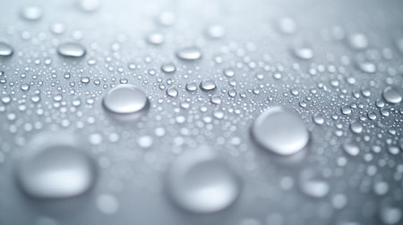 Water droplets collect on a sleek surface, glittering softly in the ambient light.の素材