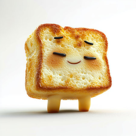 A joyful toast character with a smiling face poses with tiny legs on a bright surface.の素材